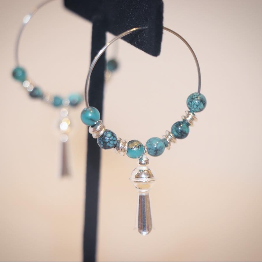 Genuine turquoise & sterling squash blossom hoops